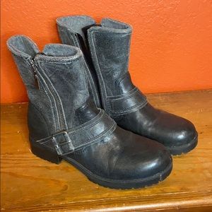 Clark’s moto boots in black and distressed black.